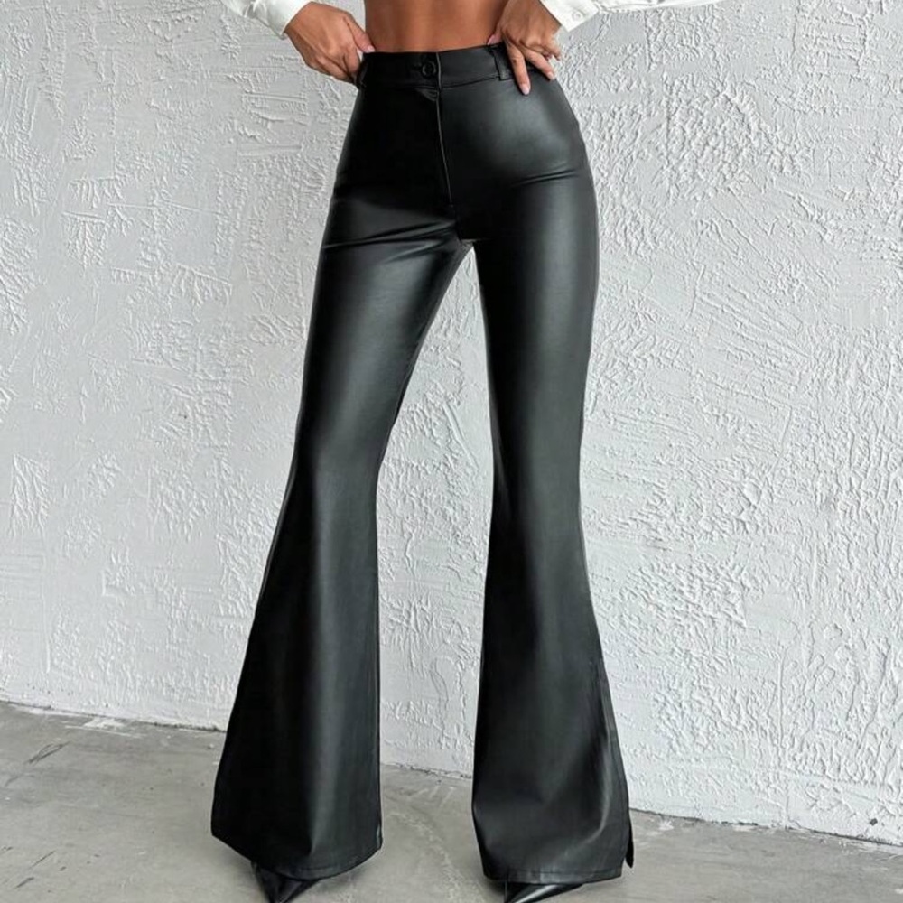 Women's High Waist Solid Color PU Leather Flared Pants